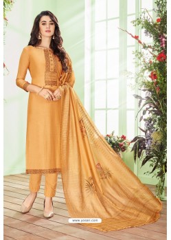 Mustard Cotton Embroidered Designer Straight Suit