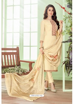 Cream Cotton Embroidered Designer Straight Suit