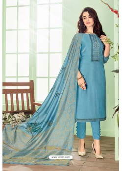 Blue Cotton Embroidered Designer Straight Suit