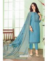 Blue Cotton Embroidered Designer Straight Suit