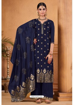 Navy Blue Jacquard Designer Straight Suit