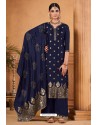 Navy Blue Jacquard Designer Straight Suit