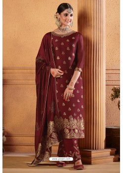 Maroon Jacquard Designer Straight Suit