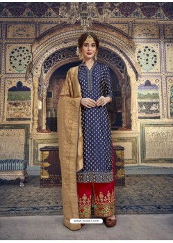 Navy Blue Banarasi Jacquard Designer Straight Suit