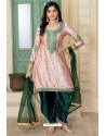 Baby Pink And Teal Malai Satin Stone Worked Designer Suit