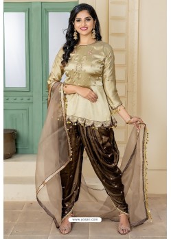 Cream And Coffee Malai Satin Stone Worked Designer Suit