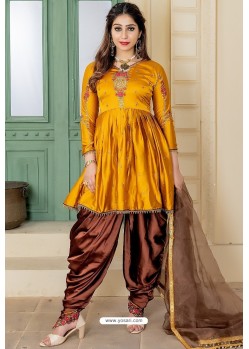 Mustard And Brown Malai Satin Stone Worked Designer Suit