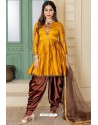 Mustard And Brown Malai Satin Stone Worked Designer Suit