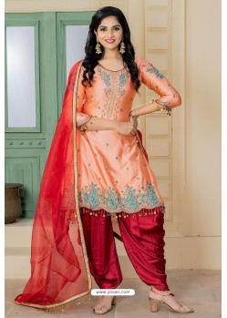 Peach And Maroon Malai Satin Stone Worked Designer Suit