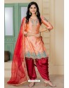 Peach And Maroon Malai Satin Stone Worked Designer Suit