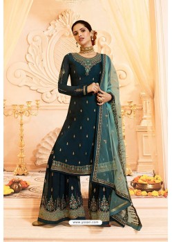 Teal Satin Georgette Zari Embroidered Palazzo Suit