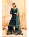 Teal Satin Georgette Zari Embroidered Palazzo Suit