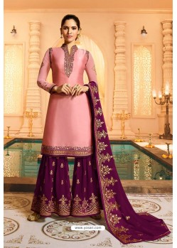 Pink Satin Georgette Zari Embroidered Palazzo Suit