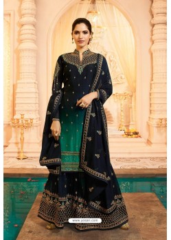 Navy Blue Satin Georgette Zari Embroidered Palazzo Suit