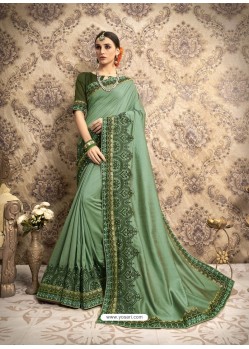 Mehendi Vichitra Silk Embroidered Party Wear Saree