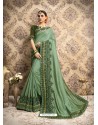 Mehendi Vichitra Silk Embroidered Party Wear Saree