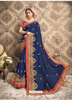 Navy Blue Vichitra Silk Embroidered Party Wear Saree