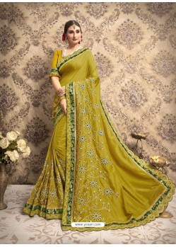 Corn Vichitra Silk Embroidered Party Wear Saree