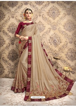 Beige Vichitra Silk Embroidered Party Wear Saree