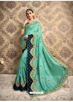 Aqua Blue Vichitra Silk Embroidered Party Wear Saree