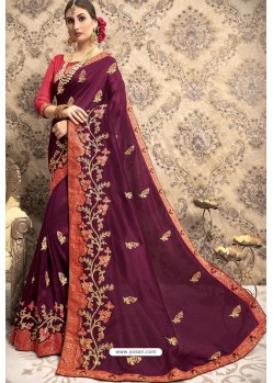 Wine Vichitra Silk Embroidered Party Wear Saree