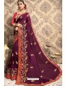 Wine Vichitra Silk Embroidered Party Wear Saree