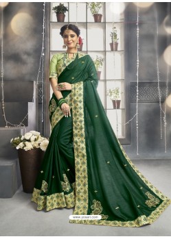 Dark Green Chanderi Silk Zari Embroidered Party Wear Saree
