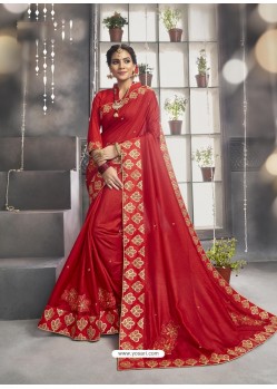 Red Chanderi Silk Zari Embroidered Party Wear Saree