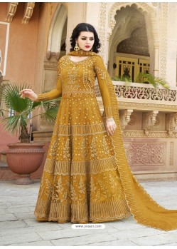 Mustard Net Heavy Embroidered Designer Anarkali Suit