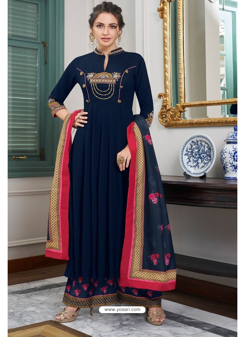 Buy Navy Blue Heavy Muslin Embroidered Palazzo Suit | Palazzo Salwar Suits