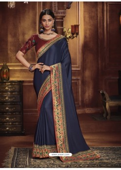 Navy Blue Heavy Silk Party Wear Designer Saree