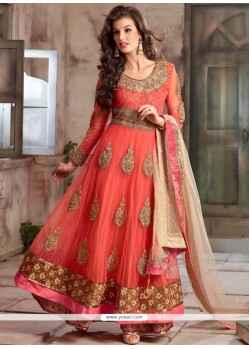 Bedazzling Peach And Pink Shaded Net Anarkali Suits