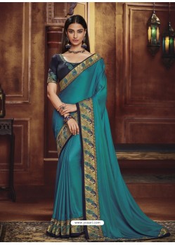 Turquoise Heavy Silk Party Wear Designer Saree