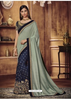 Navy And Light Grey Heavy Silk Party Wear Designer Saree