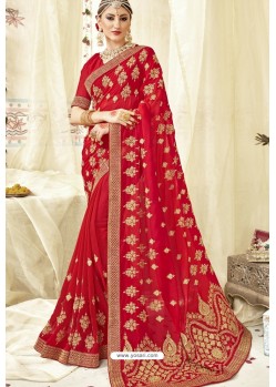 Amazing Red Georgette Zari Embroidered Designer Wedding Saree