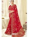 Amazing Red Georgette Zari Embroidered Designer Wedding Saree