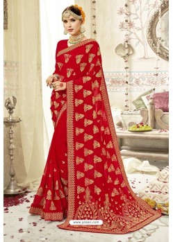 Glorious Red Georgette Zari Printed Designer Wedding Saree