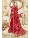 Decent Red Georgette Zari Printed Designer Wedding Saree