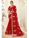 Flawless Red Designer Georgette Embroidered Wedding Saree