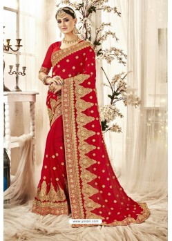 Gorgeous Red Designer Georgette Embroidered Wedding Saree
