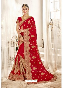 Groovy Red Designer Georgette Embroidered Wedding Saree