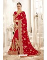 Groovy Red Designer Georgette Embroidered Wedding Saree