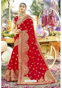 Desirable Red Zari Embroidered Georgette Wedding Saree