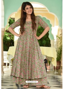 Sea Green Pure Muslin Printed Readymade Kurti With Palazzo