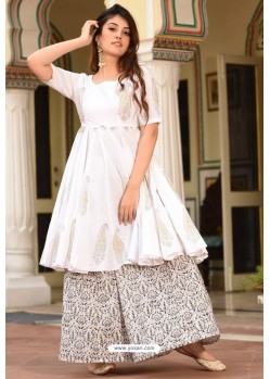 White Pure Muslin Printed Readymade Kurti With Palazzo