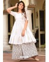 White Pure Muslin Printed Readymade Kurti With Palazzo