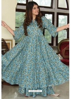 Sky Blue Pure Muslin Printed Readymade Kurti With Palazzo