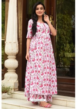 White And Pink Pure Muslin Printed Readymade Kurti With Palazzo