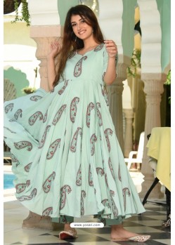 Sky Blue Pure Muslin Printed Kurti With Palazzo