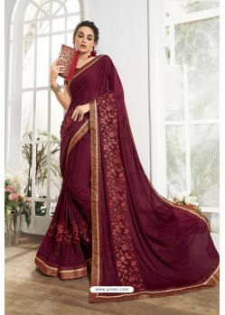 Maroon Embroidered Designer Party Wear Saree